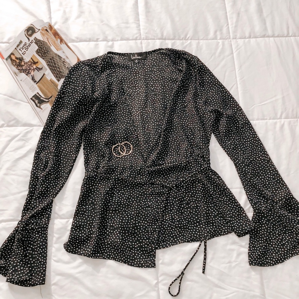 Lulus polka dot wrap top with bell sleeves